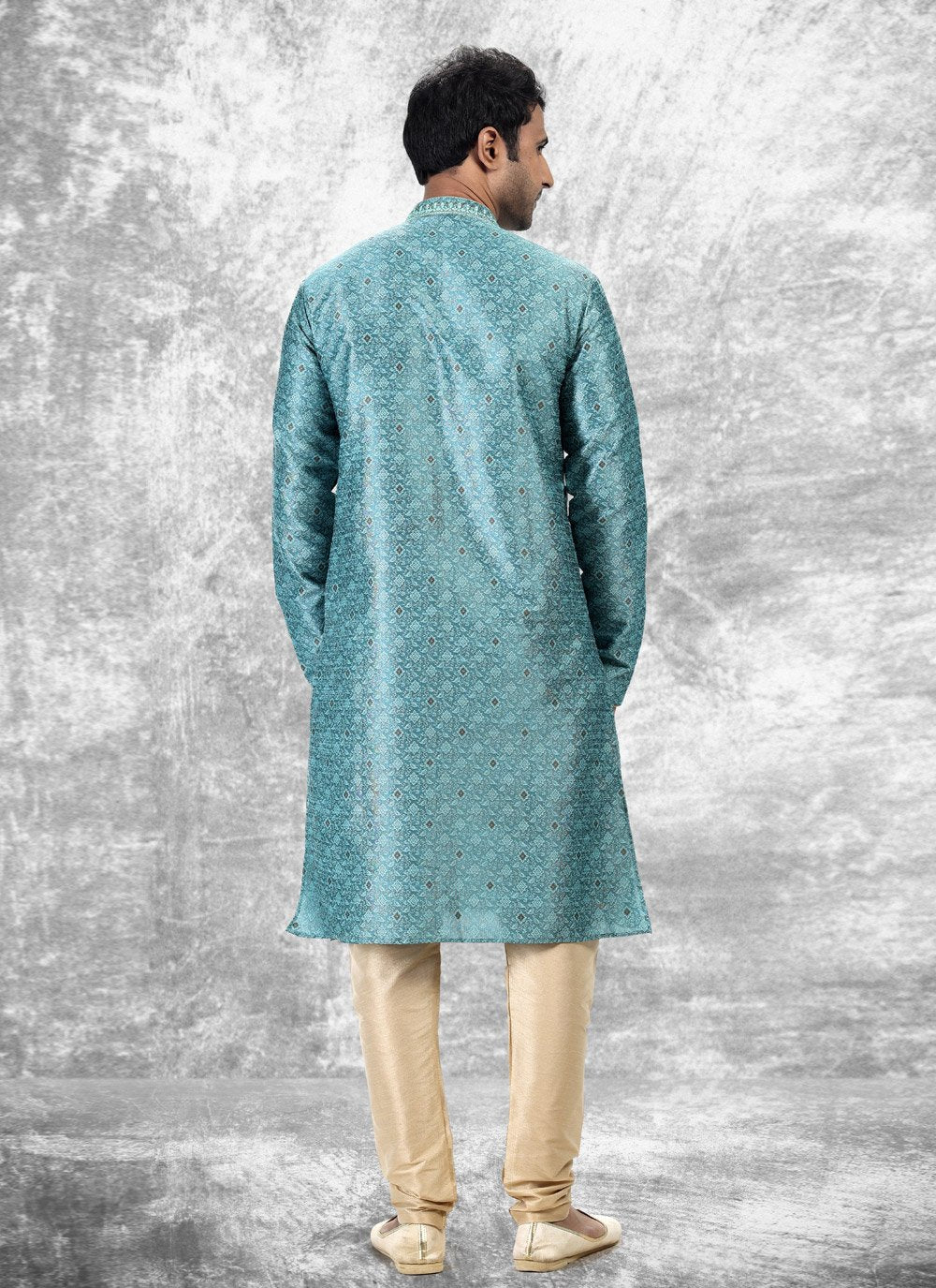 Kurta Pyjama Brocade Jacquard Silk Aqua Blue Fancy Work Mens