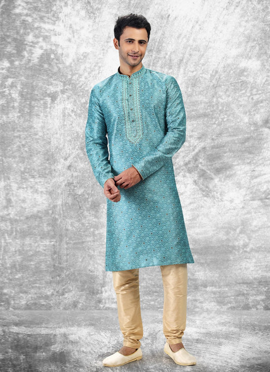 Kurta Pyjama Brocade Jacquard Silk Aqua Blue Fancy Work Mens