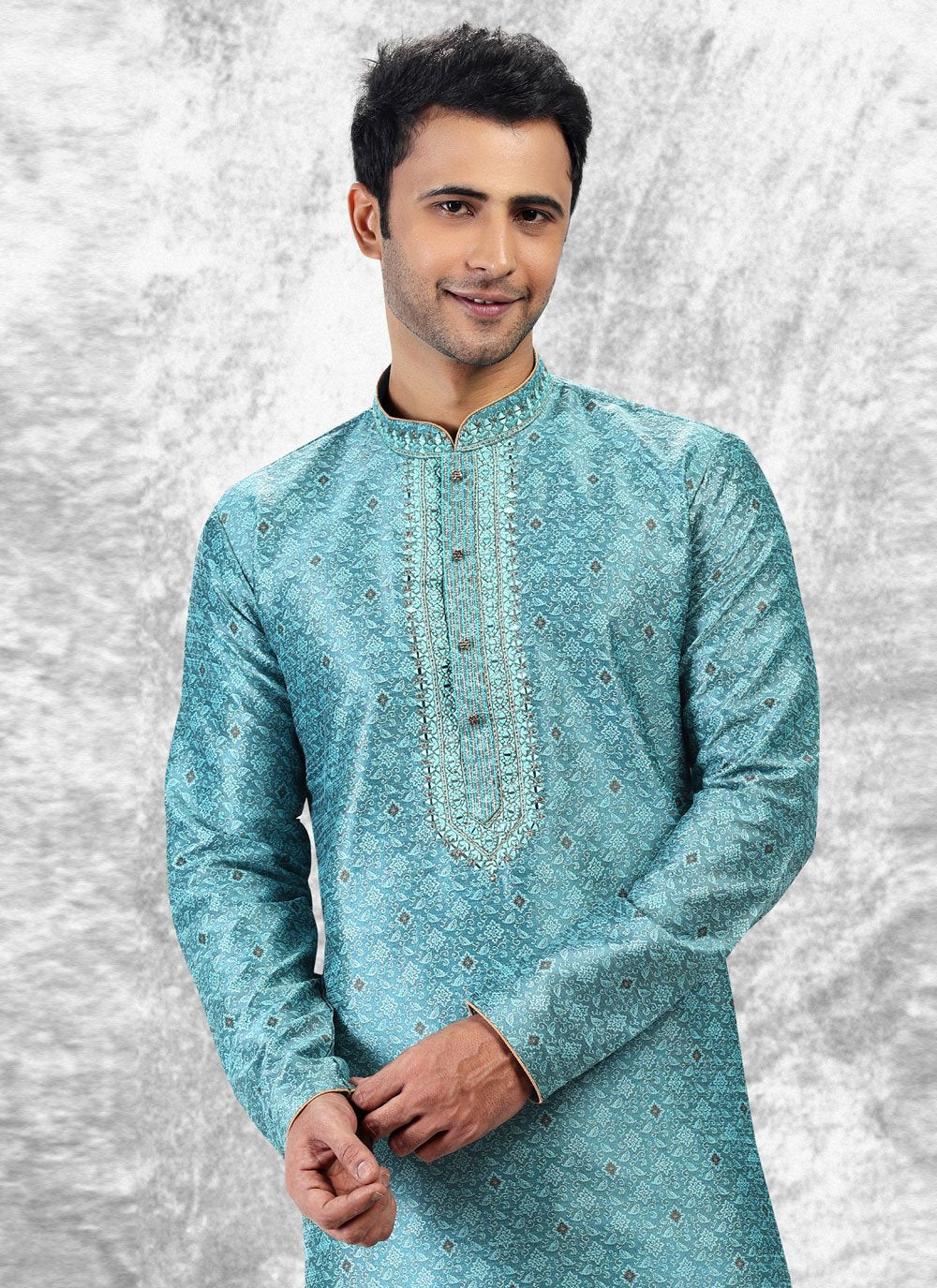 Kurta Pyjama Brocade Jacquard Silk Aqua Blue Fancy Work Mens