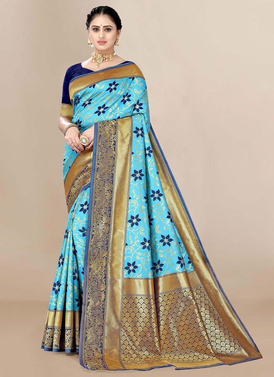 Contemporary Banarasi Silk Aqua Blue Jacquard Work Saree