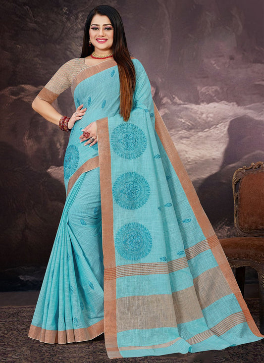 Trendy Saree Linen Aqua Blue Embroidered Saree