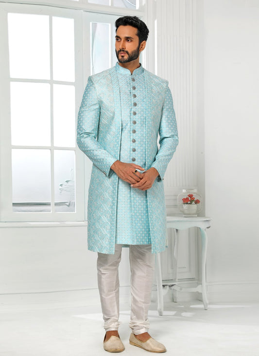 Indo Western Art Silk Aqua Blue Machine Embroidery Mens