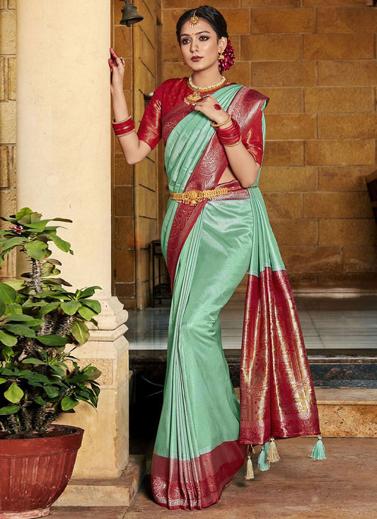 Classic Silk Aqua Blue Fancy Work Saree