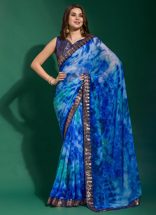 Contemporary Chiffon Aqua Blue Patch Border Saree