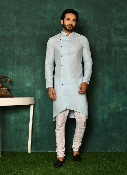 Kurta Pyjama Cotton Aqua Blue Plain Mens