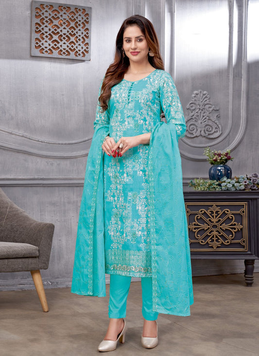 Pant Style Suit Cotton Aqua Blue Embroidered Salwar Kameez