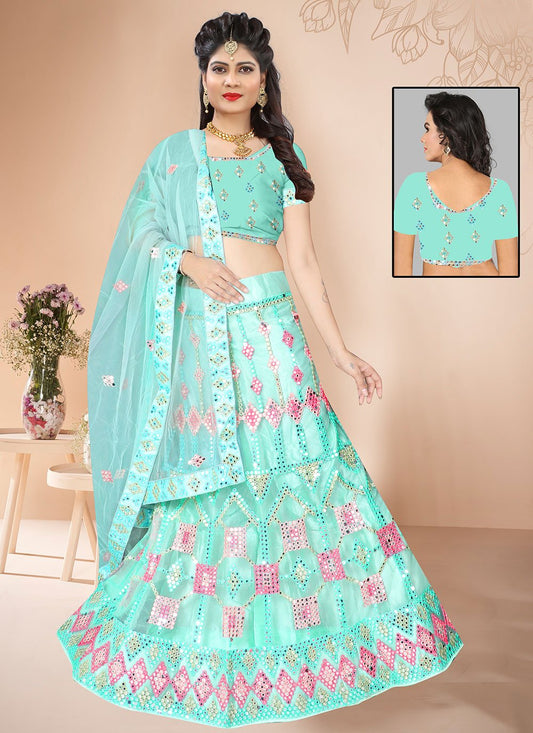 Lehenga Choli Net Aqua Blue Mirror Lehenga Choli