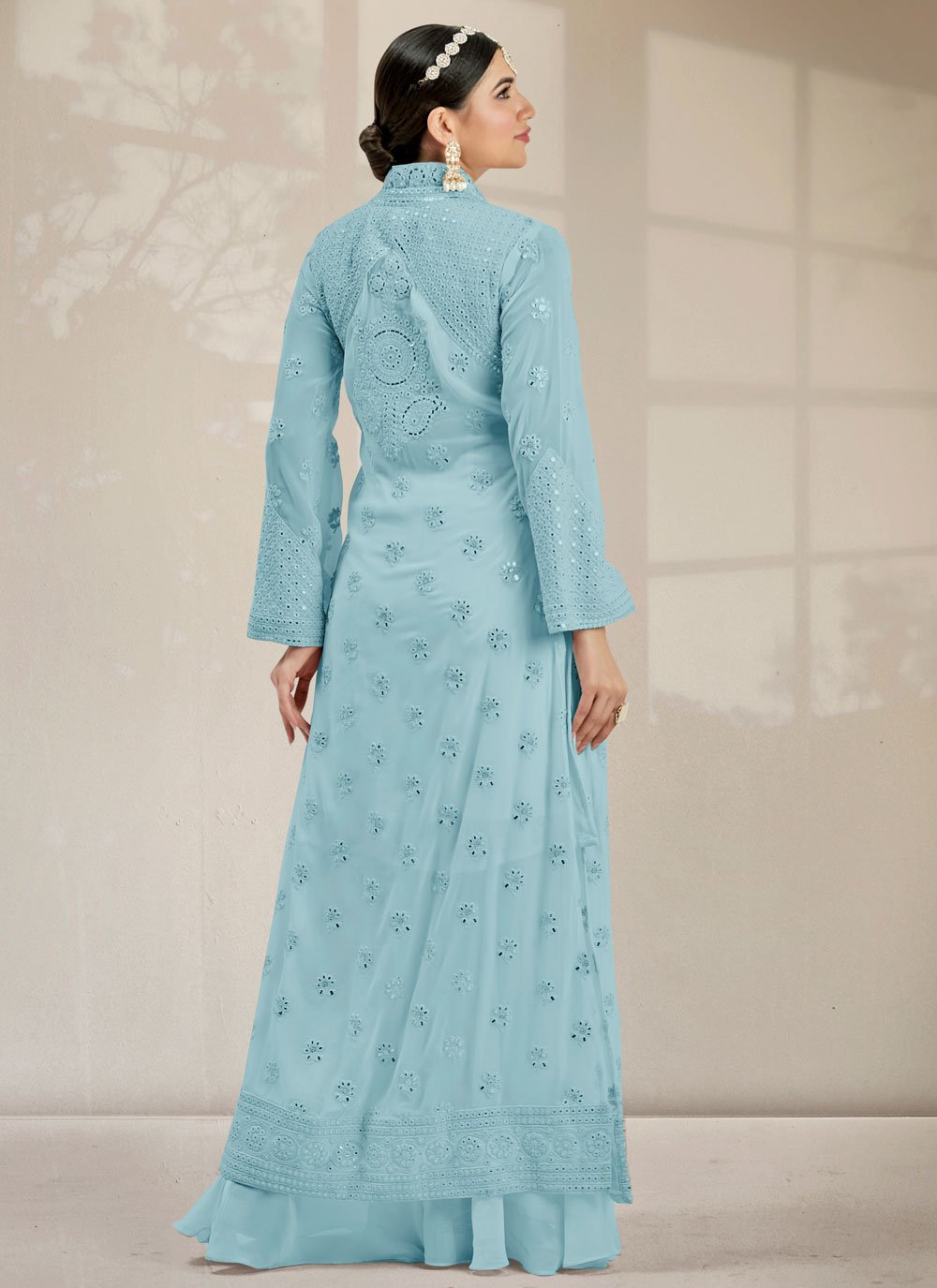 Salwar Suit Georgette Aqua Blue Embroidered Salwar Kameez