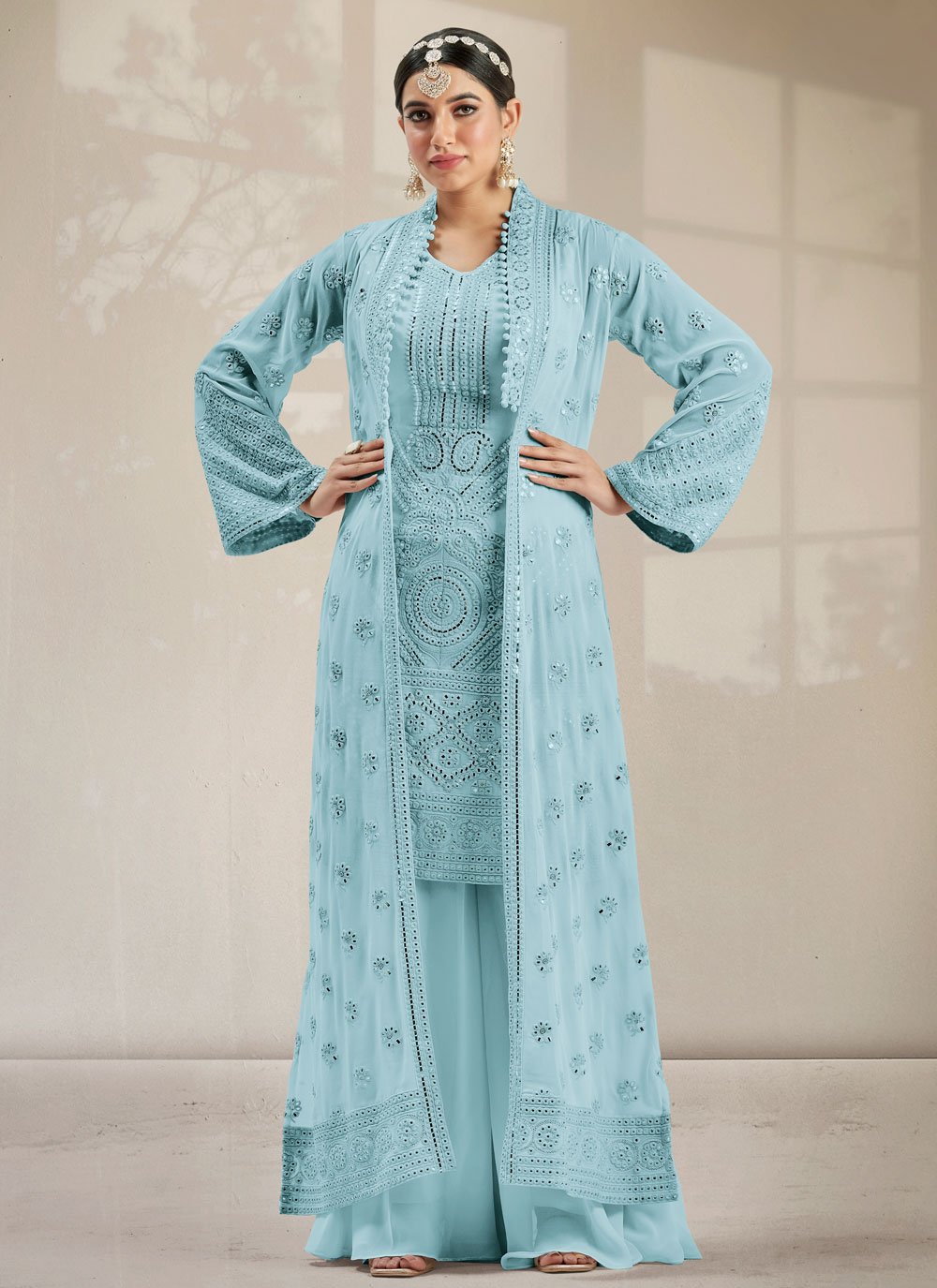 Salwar Suit Georgette Aqua Blue Embroidered Salwar Kameez