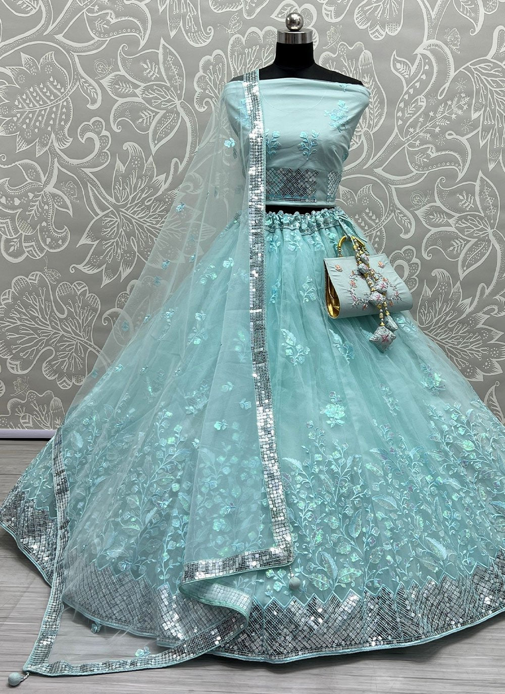 Lehenga Choli Net Aqua Blue Embroidered Lehenga Choli