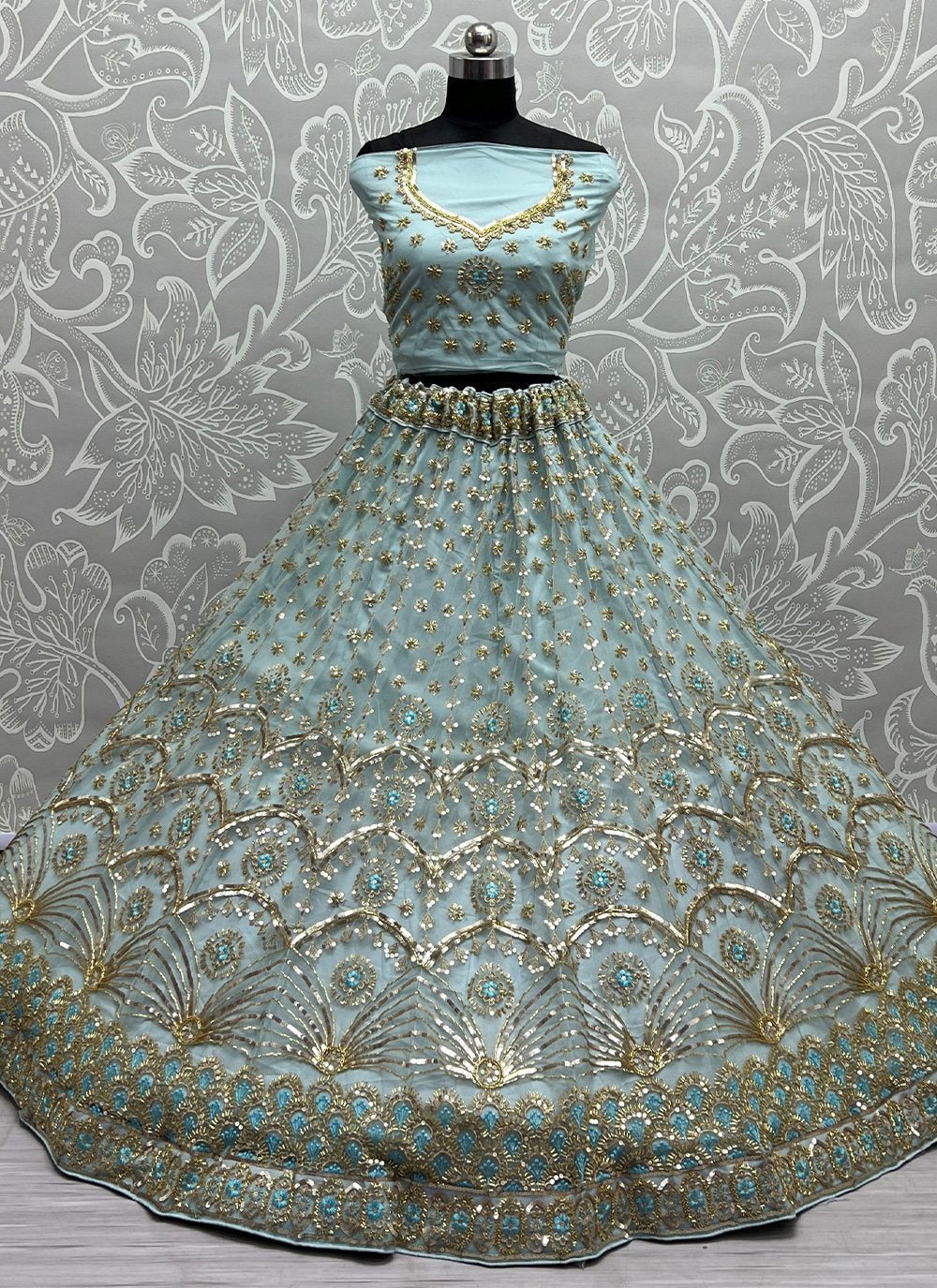 A Line Lehenga Net Aqua Blue Embroidered Lehenga Choli