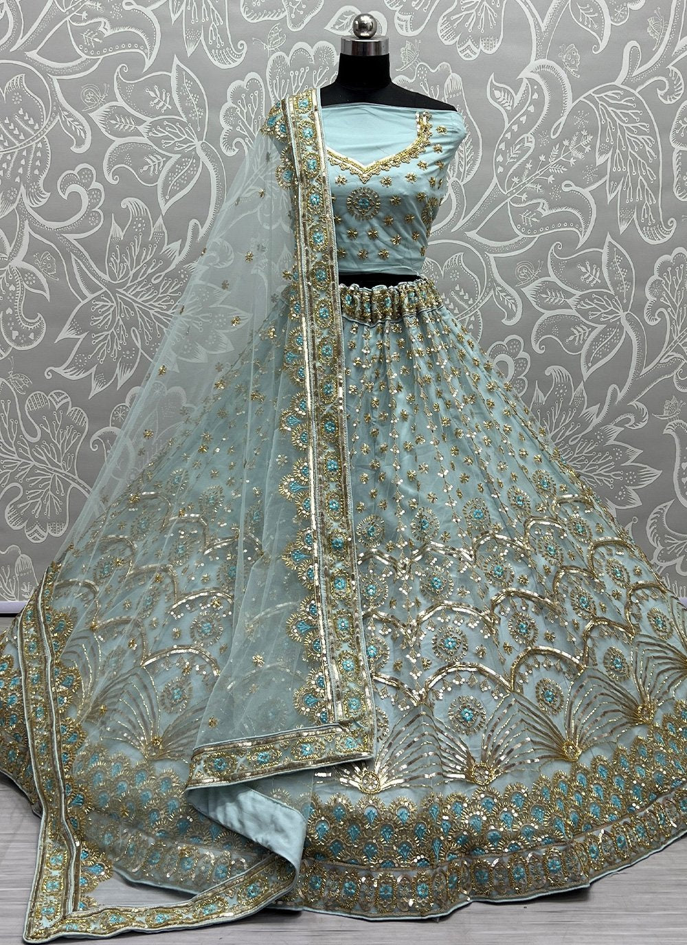 A Line Lehenga Net Aqua Blue Embroidered Lehenga Choli