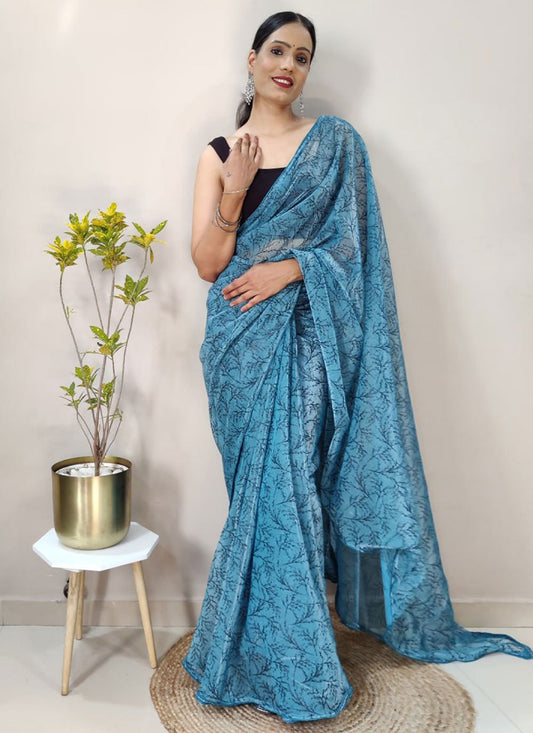 Contemporary Net Aqua Blue Print Saree