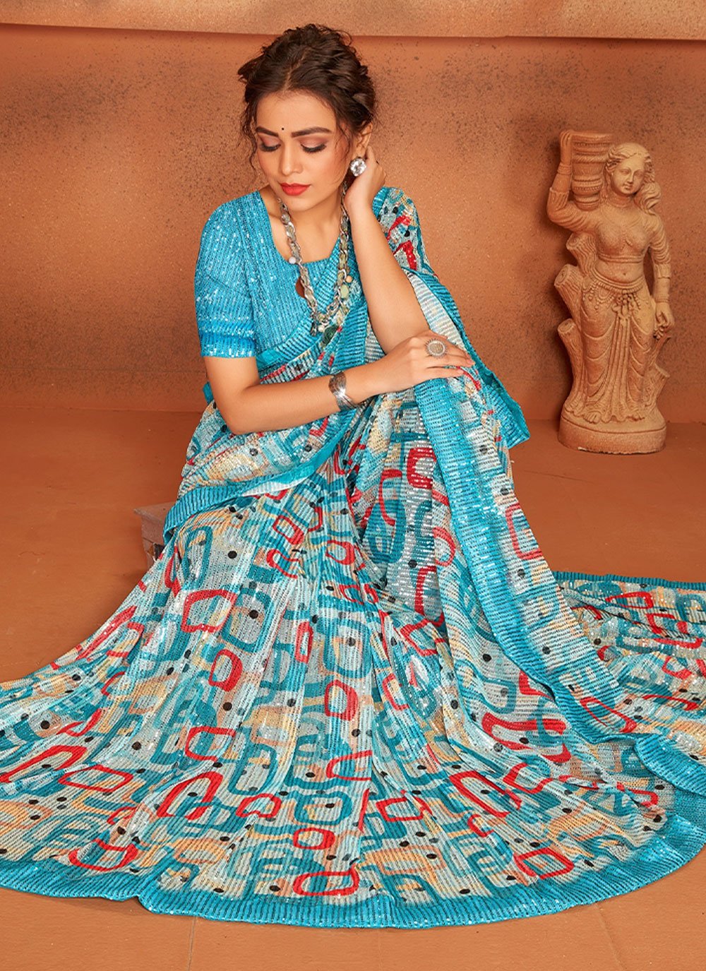 Classic Net Aqua Blue Digital Print Saree