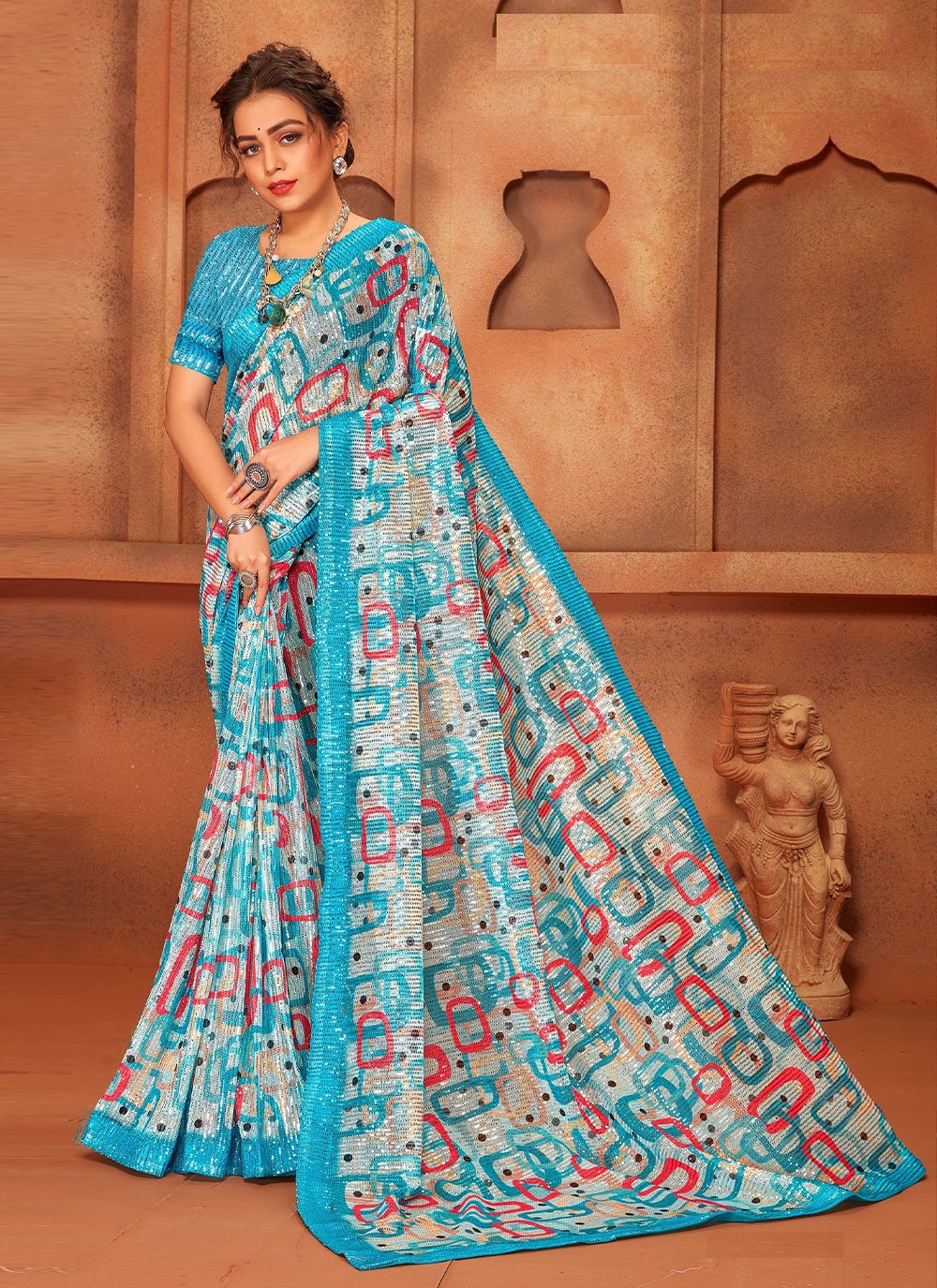 Classic Net Aqua Blue Digital Print Saree