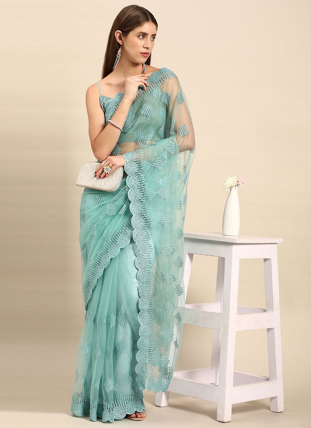 Classic Net Aqua Blue Embroidered Saree