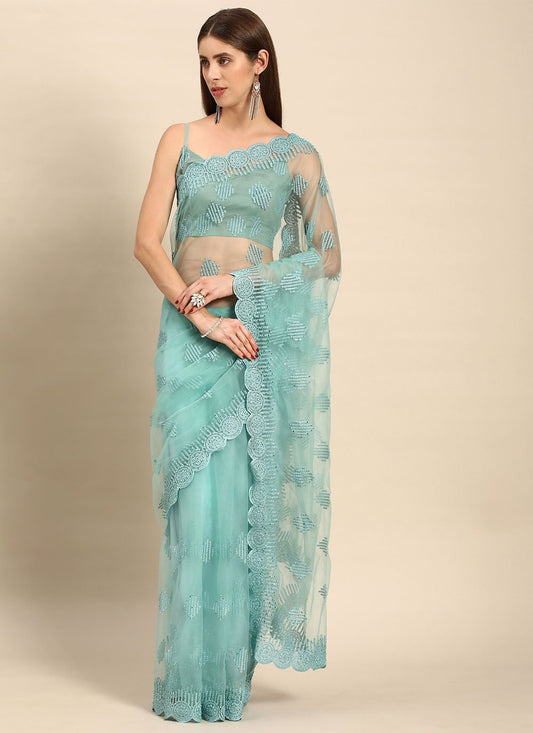 Classic Net Aqua Blue Embroidered Saree