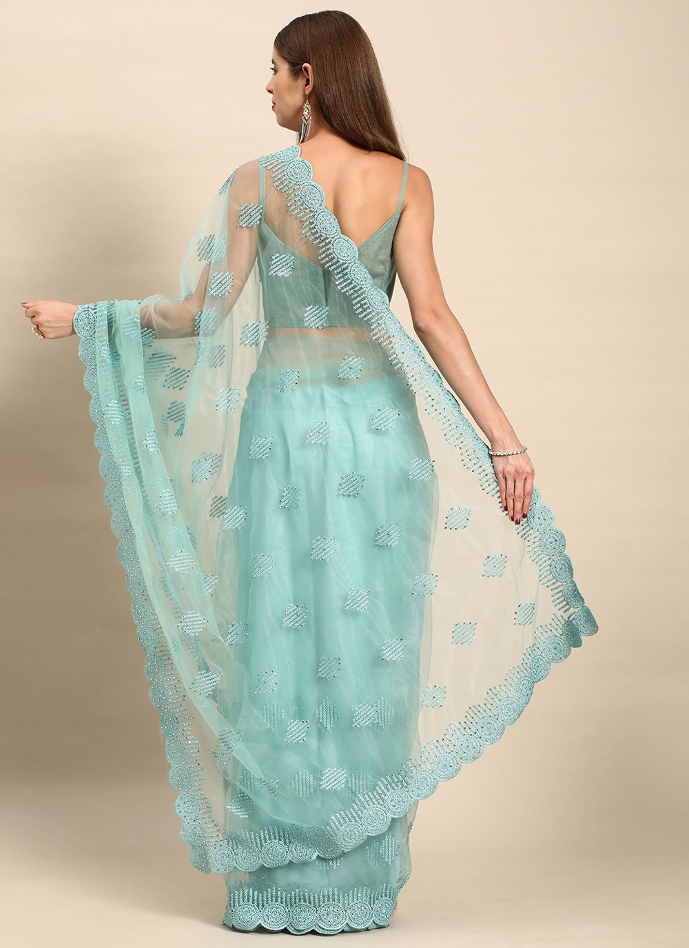 Classic Net Aqua Blue Embroidered Saree