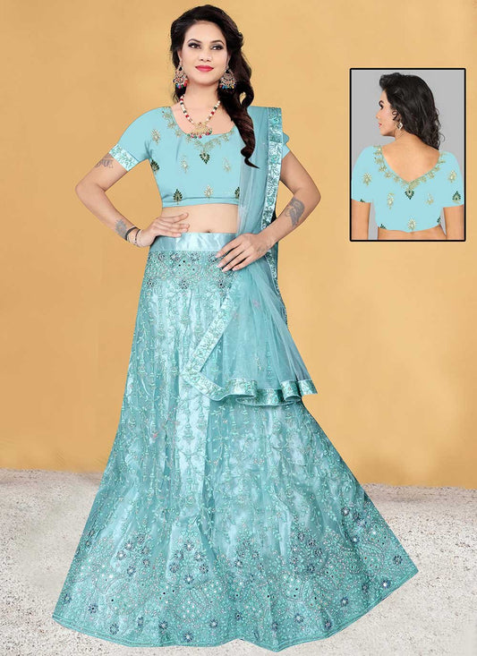 Lehenga Choli Net Aqua Blue Embroidered Lehenga Choli