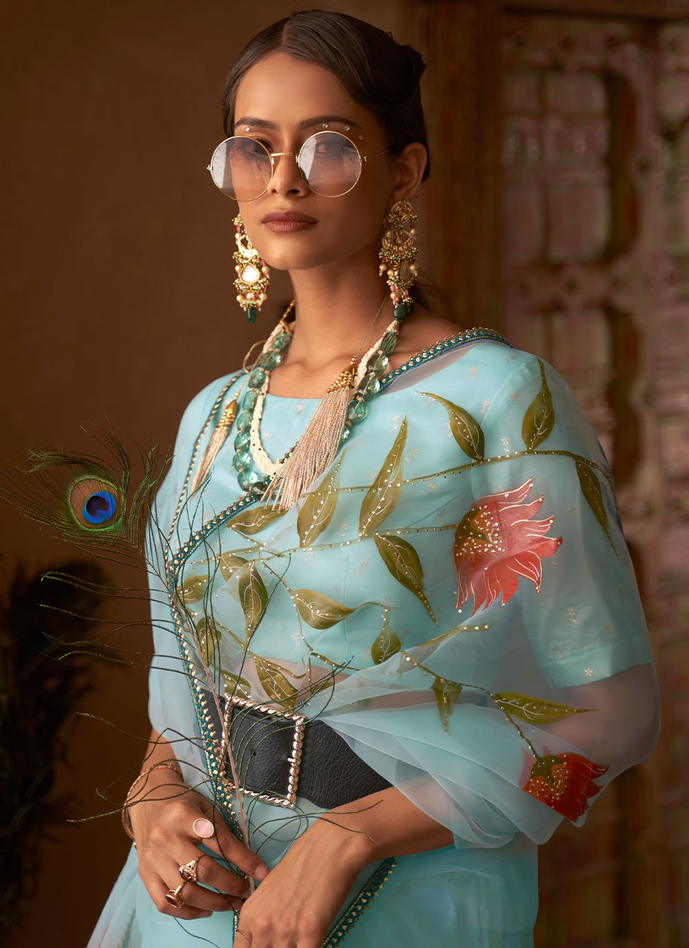 Designer Net Organza Aqua Blue Print Saree