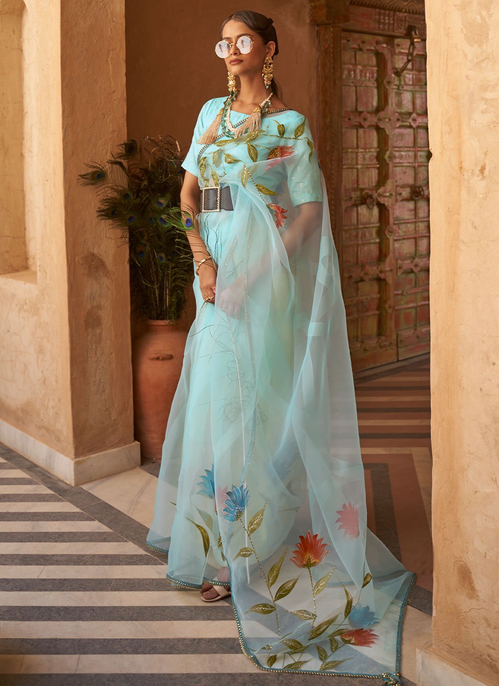 Designer Net Organza Aqua Blue Print Saree