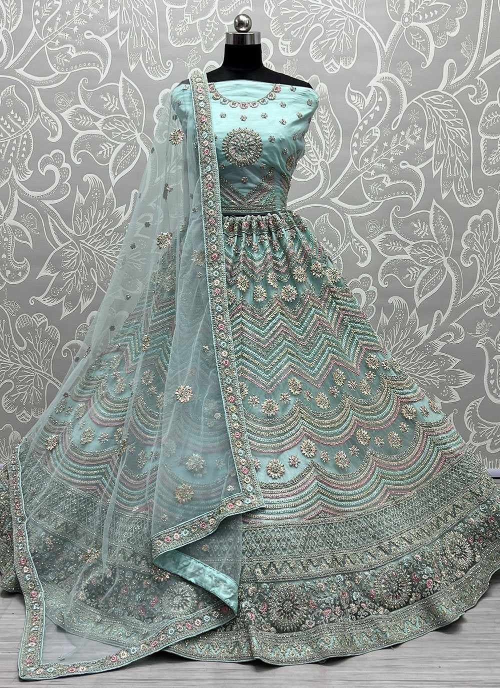 Lehenga Choli Net Aqua Blue Embroidered Lehenga Choli