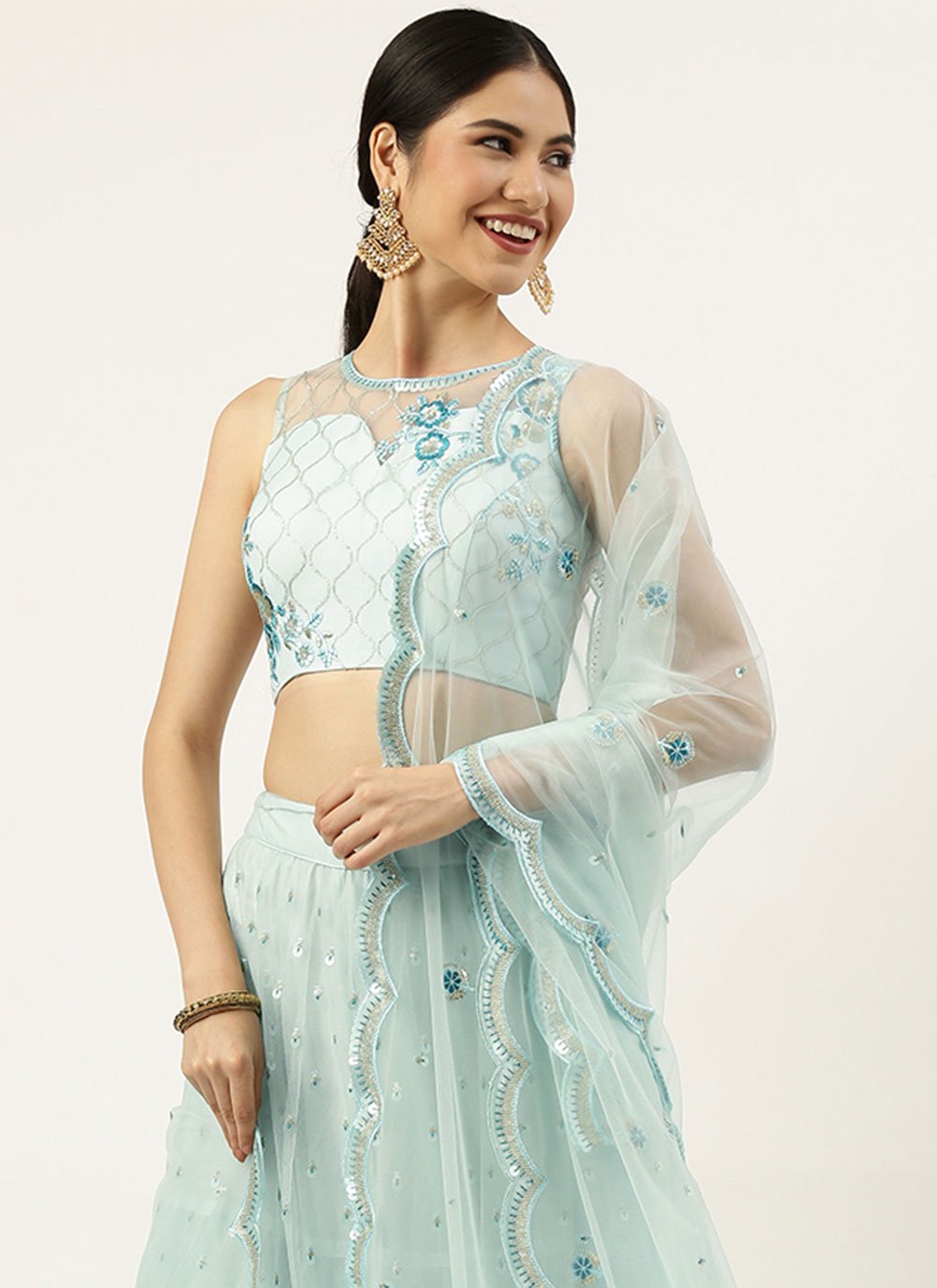 A Line Lehenga Net Aqua Blue Embroidered Lehenga Choli