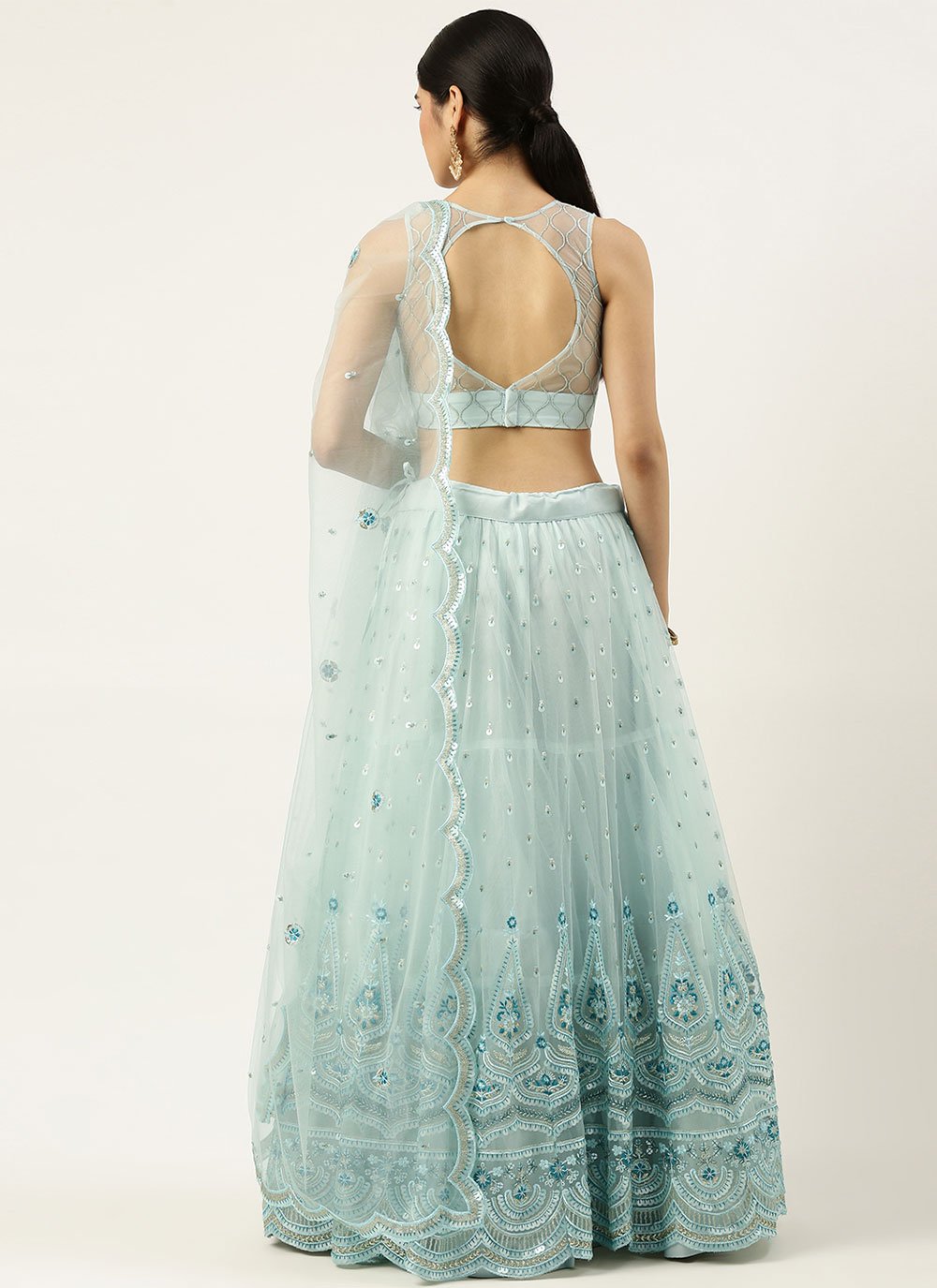 A Line Lehenga Net Aqua Blue Embroidered Lehenga Choli