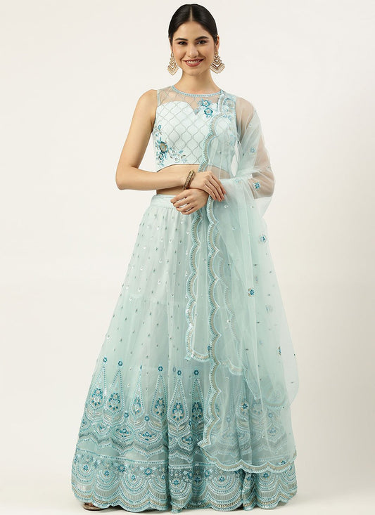 A Line Lehenga Net Aqua Blue Embroidered Lehenga Choli