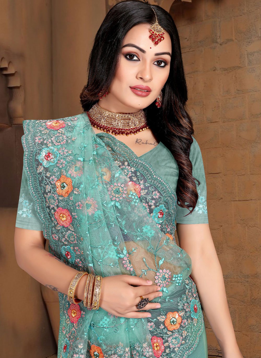 Classic Net Aqua Blue Cord Work Saree