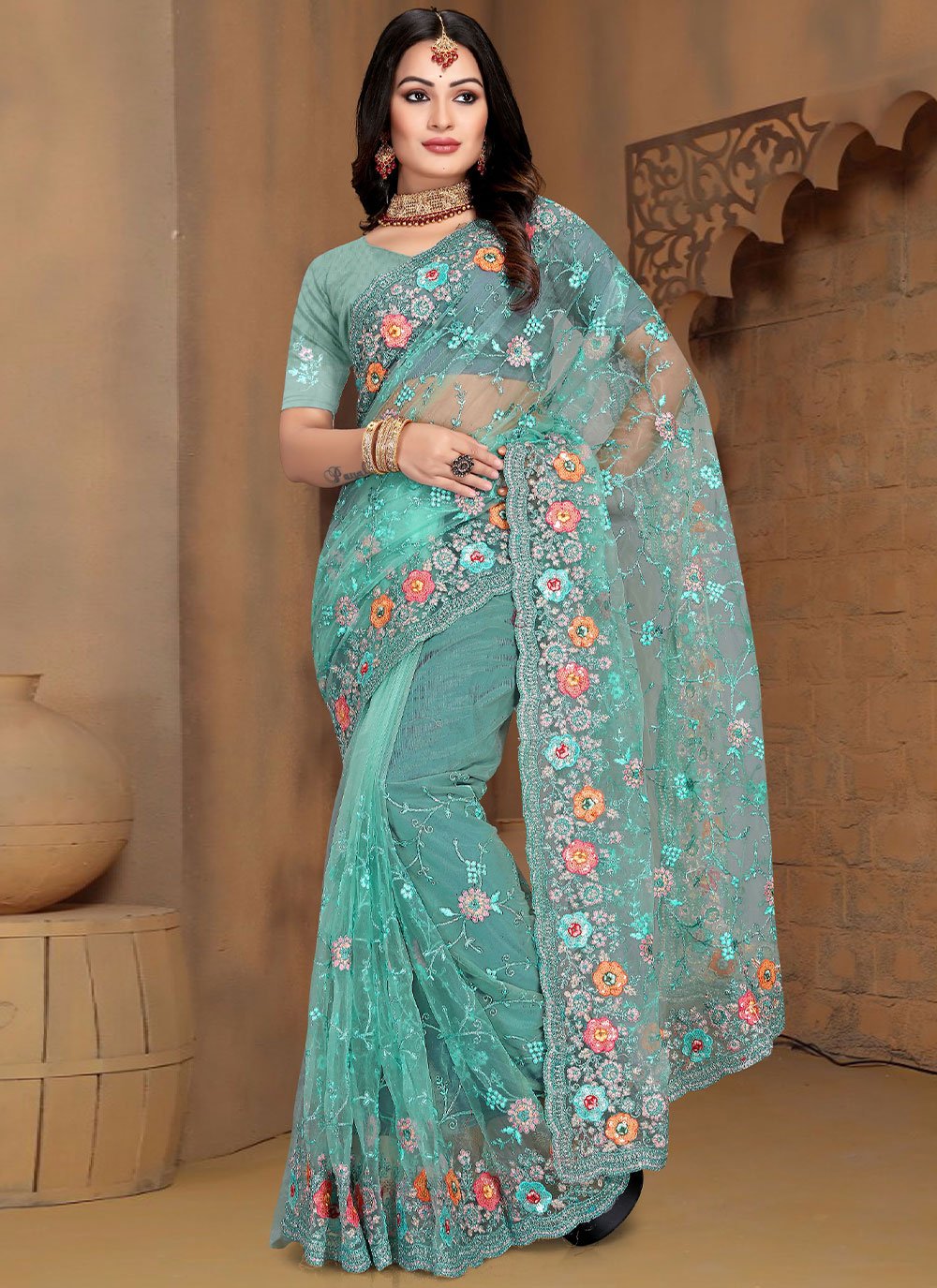 Classic Net Aqua Blue Cord Work Saree