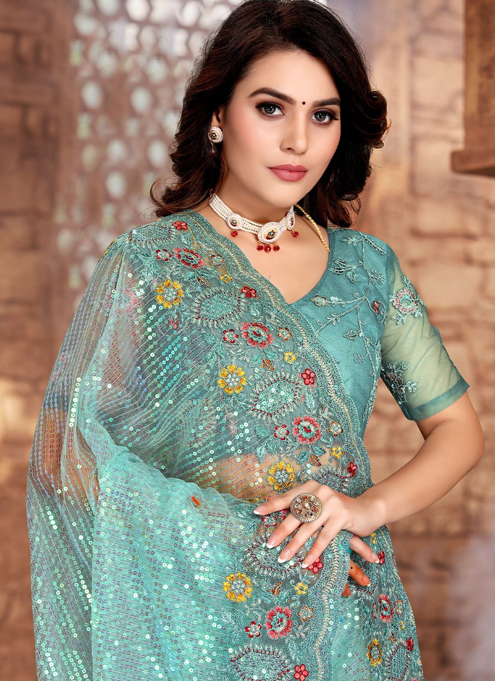 Classic Net Aqua Blue Embroidered Saree