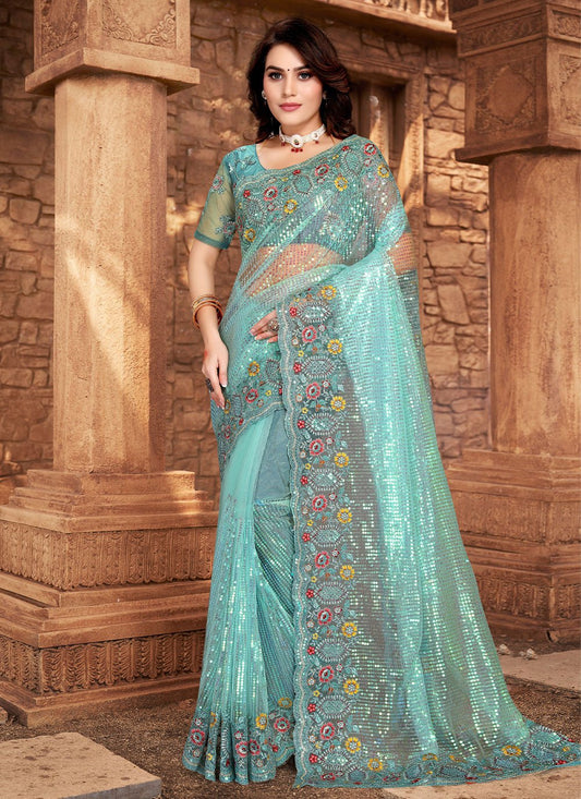 Classic Net Aqua Blue Embroidered Saree