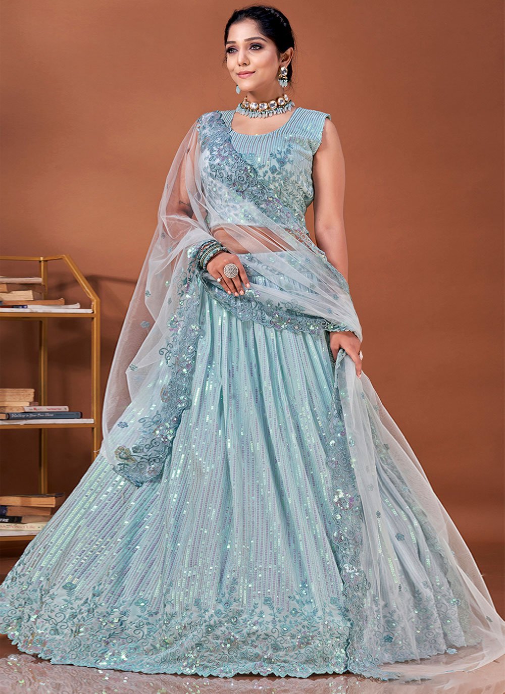 Lehenga Choli Net Aqua Blue Embroidered Lehenga Choli