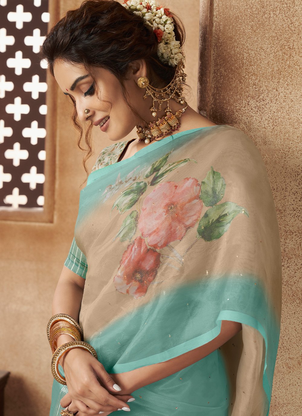 Contemporary Organza Aqua Blue Digital Print Saree