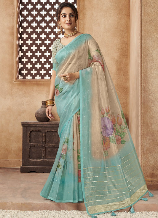 Contemporary Organza Aqua Blue Digital Print Saree