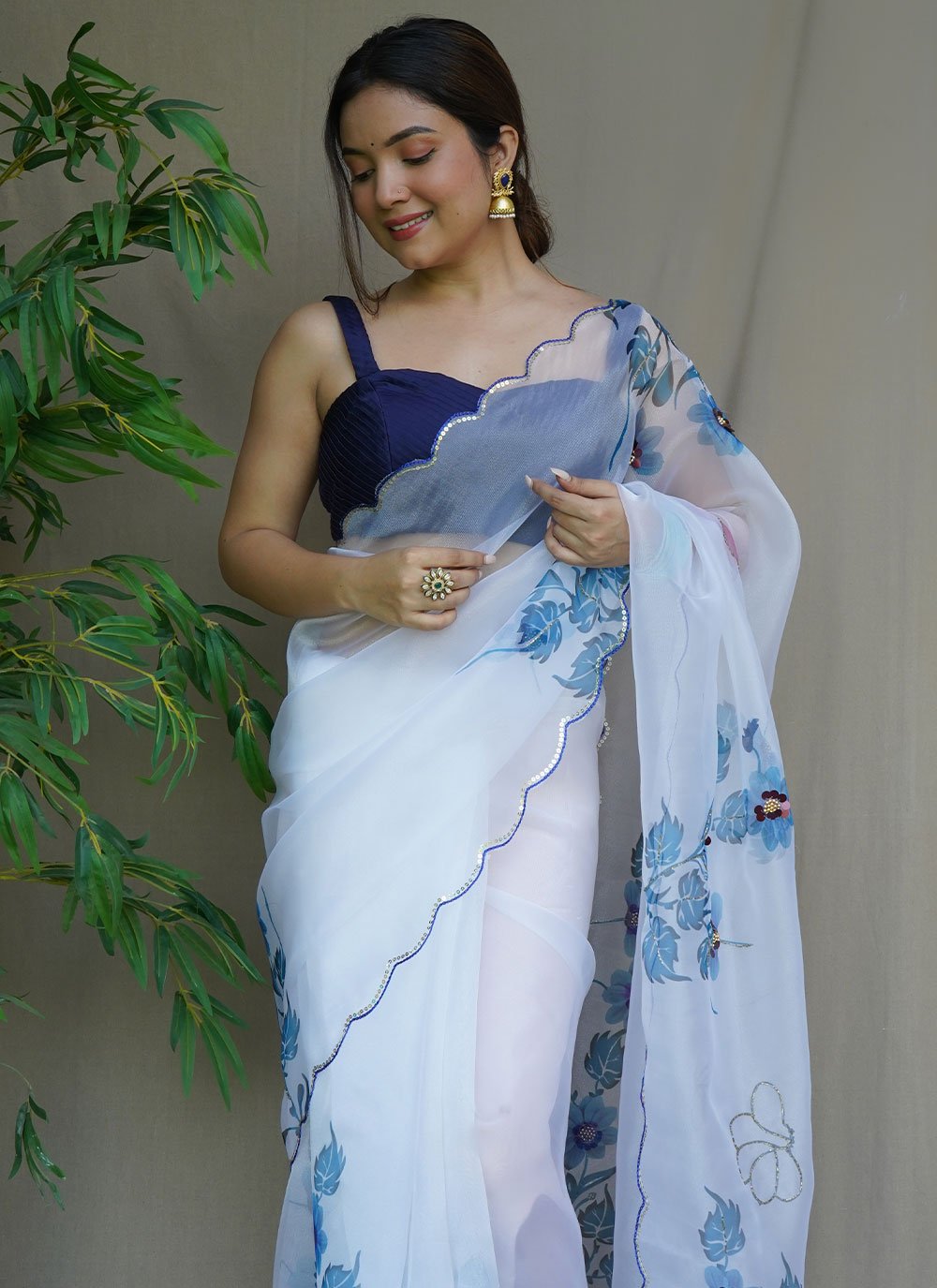 Contemporary Organza Aqua Blue Aari Work Saree