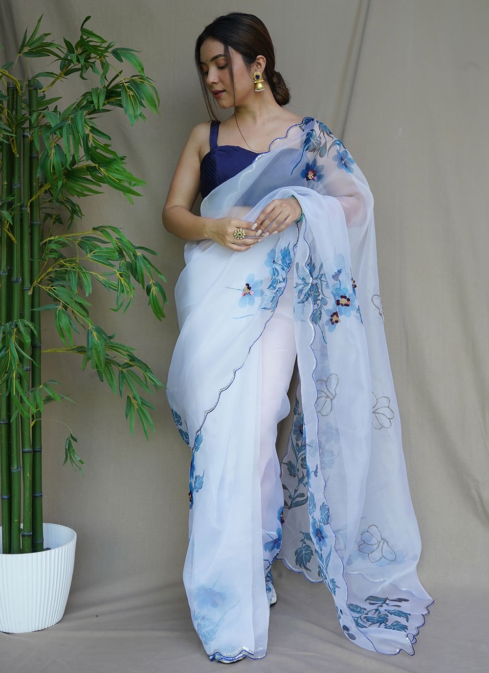 Contemporary Organza Aqua Blue Aari Work Saree