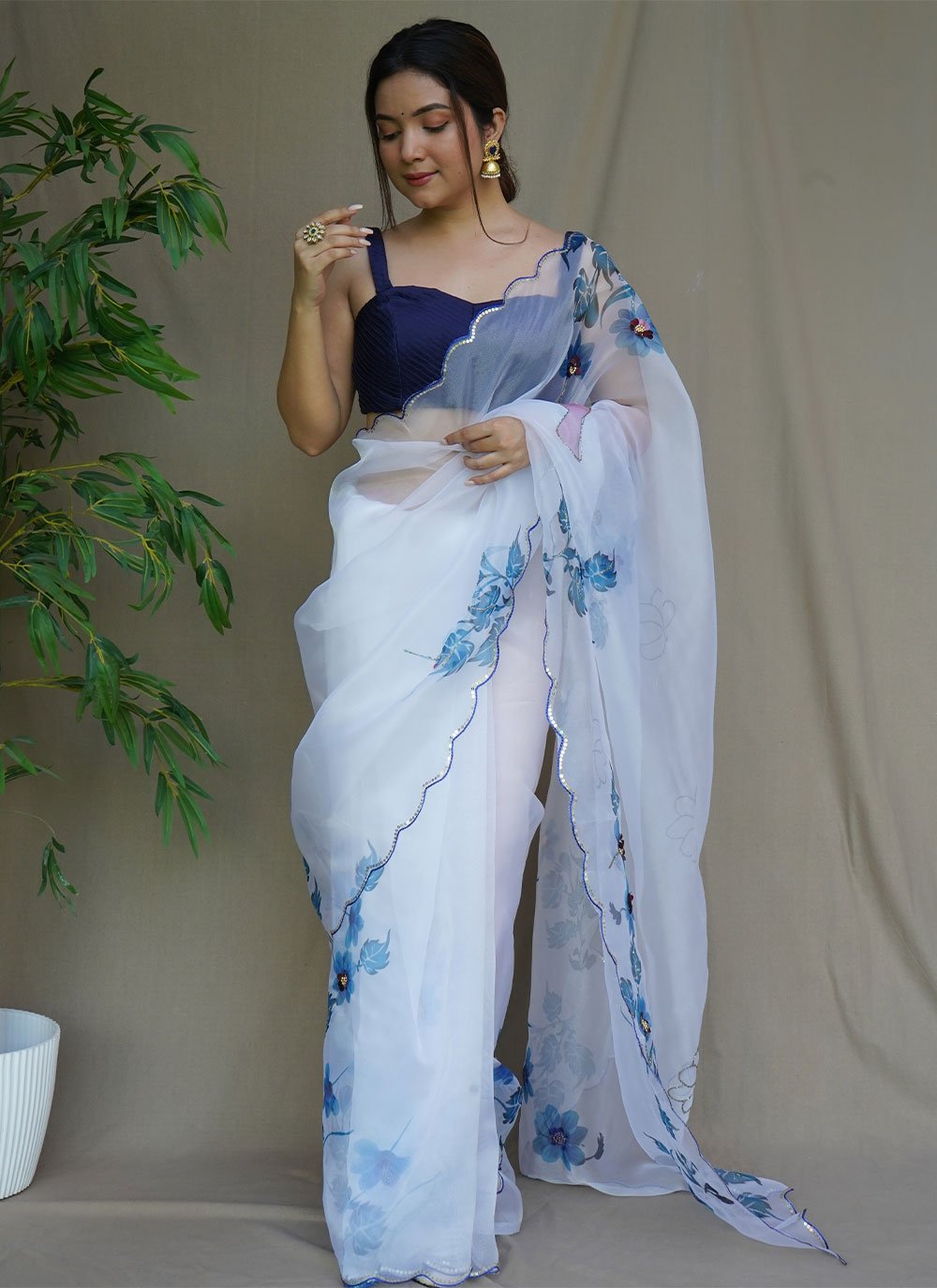 Contemporary Organza Aqua Blue Aari Work Saree