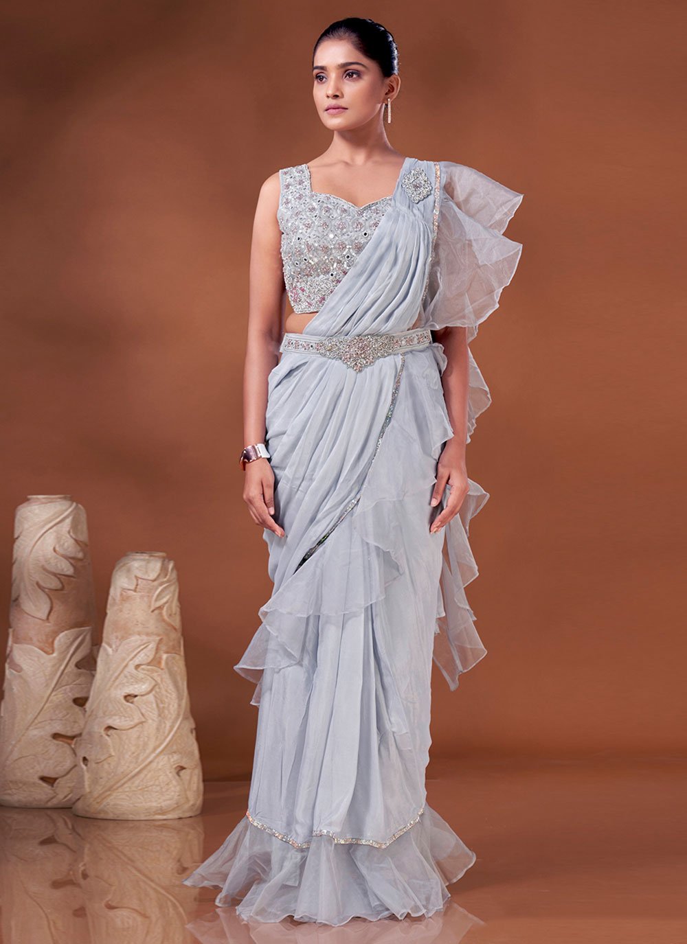 Trendy Saree Chiffon Organza Aqua Blue Hand Work Saree