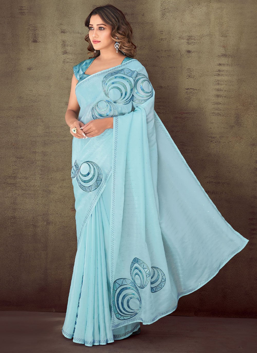 Trendy Saree Faux Crepe Organza Aqua Blue Print Saree