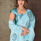 Trendy Saree Faux Crepe Organza Aqua Blue Print Saree