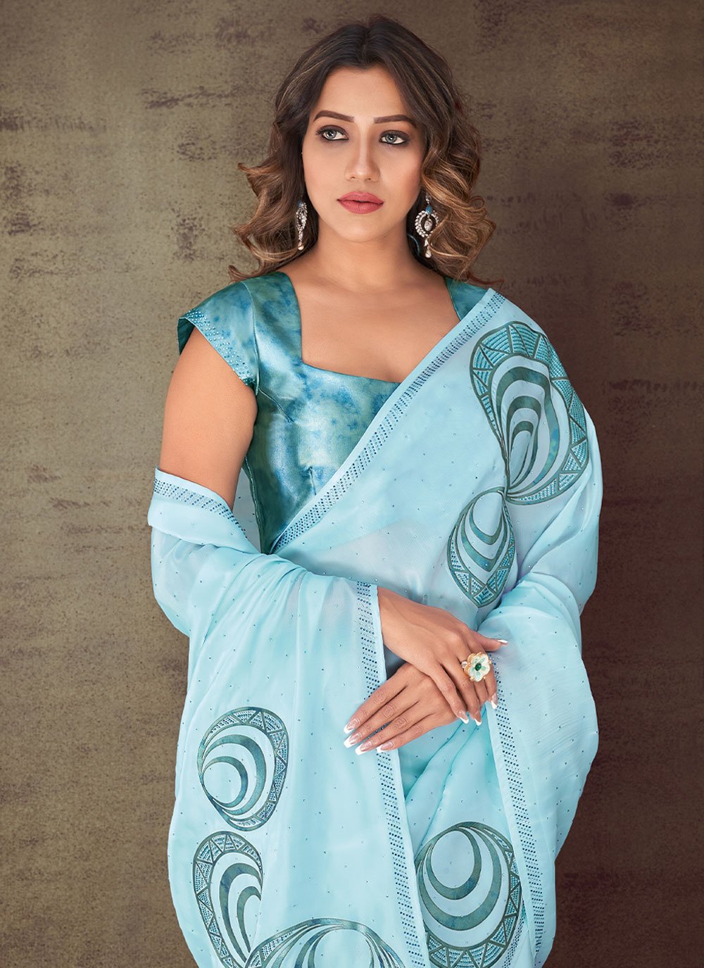 Trendy Saree Faux Crepe Organza Aqua Blue Print Saree