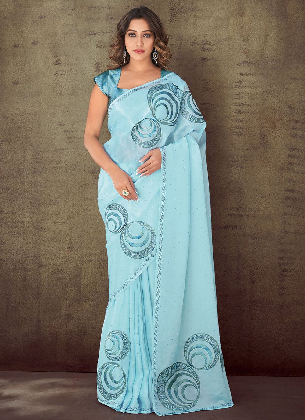 Trendy Saree Faux Crepe Organza Aqua Blue Print Saree