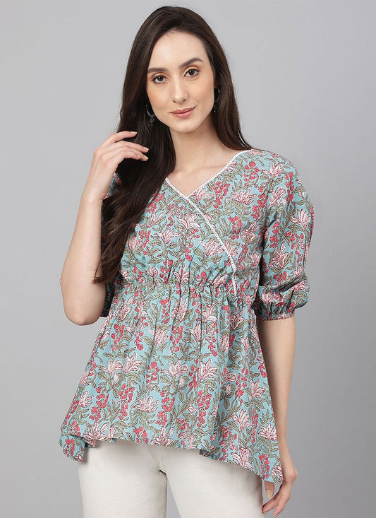 Casual Kurti Cotton Aqua Blue Floral Patch Kurtis