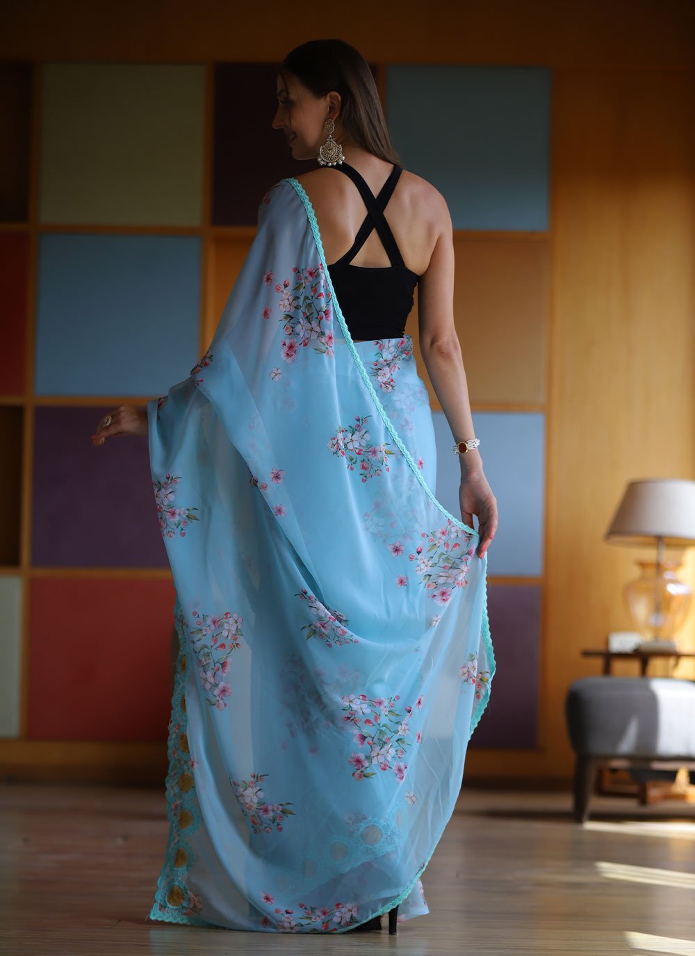 Classic Georgette Aqua Blue Floral Patch Saree