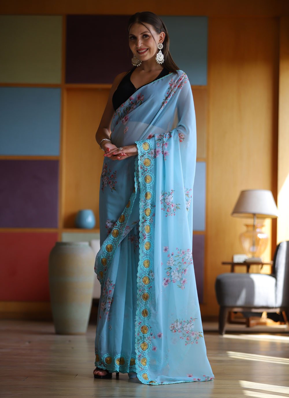 Classic Georgette Aqua Blue Floral Patch Saree