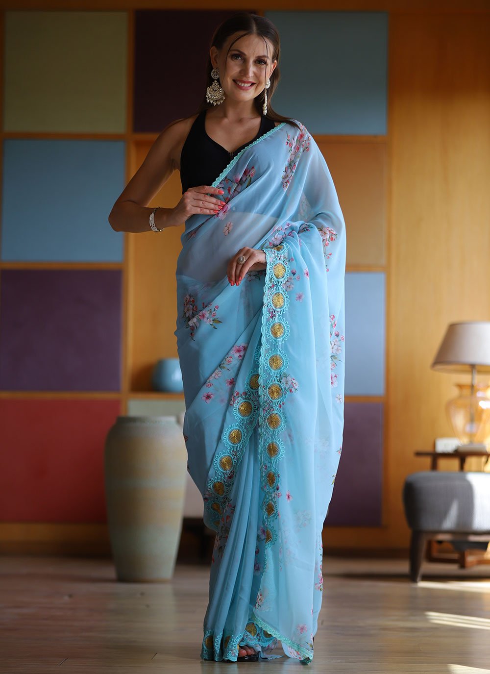 Classic Georgette Aqua Blue Floral Patch Saree