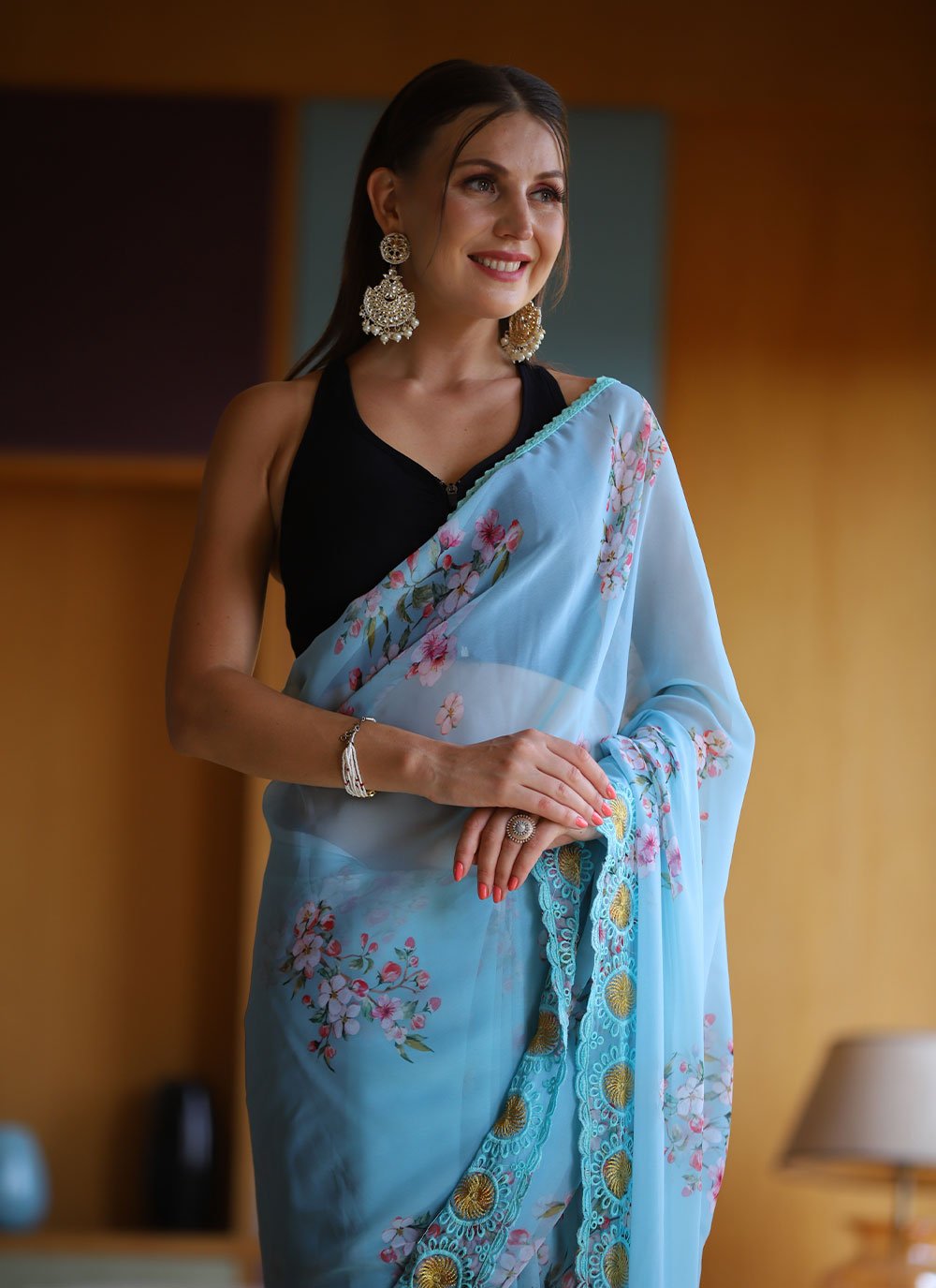 Classic Georgette Aqua Blue Floral Patch Saree