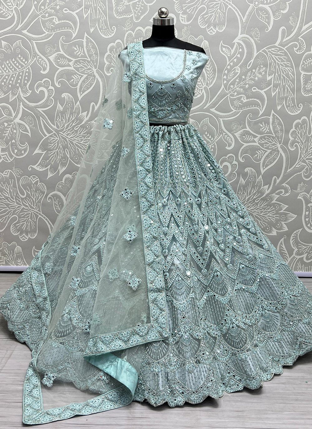 Lehenga Choli Net Aqua Blue Diamond Lehenga Choli